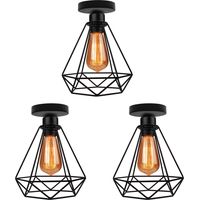 Deckenleuchte Vintage, 1 Flammig Deckenlampe im Industri Stil, Art Diamant Lampe mit Käfig für Wohnzimmer Schlafzimmer Esszimmer Schwarz 3PCS
