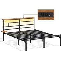 Yaheetech Letto 160 × 200 cm in Metallo, Letto Matrimoniale con Illuminazione a LED e Stazione di Ricarica, Struttura Letto con Testiera in Legno e Rack Laterale, Facile da Montare