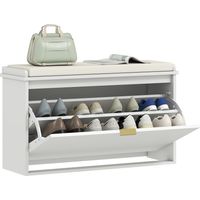 Panca Scarpiera con Ripiano Interno, e Tessuto Effetto Lino, 80x26x47.5 cm, Bianca e Beige