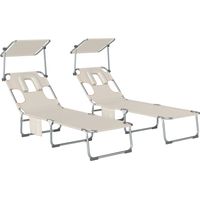 Set de 2 Tumbonas Plegables Reclinables con Dosel 360° Orificio Facial Bolsillo Lateral y Textilene 550 g/m² Beige