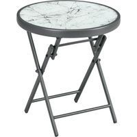 Beistelltisch klappbar, Klapptisch aus Glas mit Marmoroptik, kleiner Campingtisch, runder Sofatisch Balkontisch für Balkon Terrasse Wohnzimmer Büro, 45 x 45 x 50 cm, Weiß