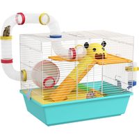 Cage pour hamsters avec roue maison bol rampes et reservoir acier PS PP 45x28x37 cm bleu et blanc