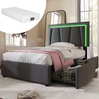 Cama tapizada de tela gris 90x200 cm con LED, 2 cajones, cabecero ajustable, somier de láminas y colchón