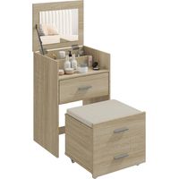 Tavolo da Trucco con Specchio a Ribalta, Cassetti e Sgabello, in Legno e Tessuto Effetto Lino, color Legno