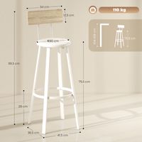 Set di 2 sgabelli da cucina alti con schienale e poggiapiedi, rivestiti in PU, seduta da 75,5 cm, colore naturale e bianco.
