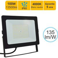 Projecteur LED pro haute puissance 100W 13500lm 135lm/W 4000K IP65 - câble 1M - garantie 5 ans