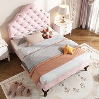 90x190Upholstered Single Bed with Adjustable Velvet Headboard and Wooden Slatted Frame in Pink
