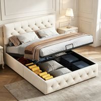 Polsterbett 140 x 200 cm, Bett mit Stauraum und Lattenrost aus Massivholz, Gasfeder, Stauraum – Apricot-Samt