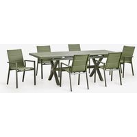 SKLUM Set aus rechteckigem Gartentisch 180-240x90 cm, ausziehbar, und 6 stapelbaren Gartenstühlen mit Armlehnen aus Aluminium Karena Tiefes Grün Olive