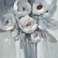 Quadro Astratto Kuatéh 100 x 100 cm Fiori Bianco e Nero Olio su Tela