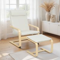 Fauteuil avec Repose-Pieds Fauteuil de Lecture avec Dossier Haut Repose-Tête Amovible Pieds en Bois et Rembourré en Lin Crème