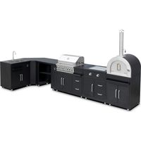 Oviala – Cuisine d'extérieur angle 6 modules – Barbecue gaz 4 brûleurs avec rôtissoire – Four à pizza 207 cm – Évier inox avec tuyau de vidange