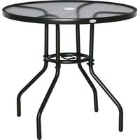 80 cm Round Dining Table with Parasol Hole, Outdoor Coffee End Side Table with Tempered Glass Top, Steel Frame for Garden, Black