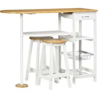 Set de Mesa de Bar de 119x38,5x88,5 cm con Cesta Extraíble y Botellero y 2 Taburetes de 29x29x55 cm Blanco