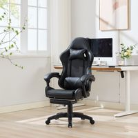 Chaise gaming rotative 360°, fauteuil de bureau réglable en hauteur et dossier, coussin inclus, rembourrage mousse, revêtement PU, noir