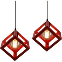 2Pcs Modern Pendant Light Square Hanging Ceiling Lamp Adjustable Chandelier - Red