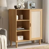 Aparador con 3 estantes y armario 70 cm Mueble de almacenaje ROBIN en madera y tela efecto lino
