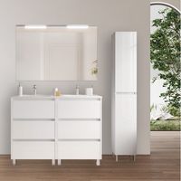 Meuble de salle de bain sur pied 120 cm en bois blanc brillant avec vasque intégré - Nova - Avec miroir et double lampe LED