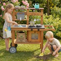 Cuisine d'extérieur en bois pour enfants de 3 à 6 ans, avec robinet, évier, jardinière, roues et rangement, marron.