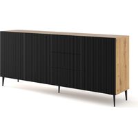 Kommode RAVENNA B 200 cm 3D3S gefrästes handwerks-eiche / schwarz matt + füße