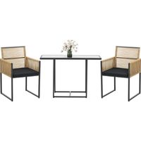 Set de Mesa de Cristal y 2 Sillas de Ratán Sintético con Respaldos Plegables Diseño Anidado con Cojines Natural y Negro