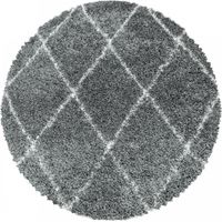 Tapis à Poils Longs Design Berbère Motif Losanges - Gris et Blanc - Rond 160x160cm