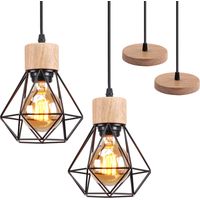 Stoex – Lustre suspension industriel vintage noir – Lot de 2 – Métal et bois – Douille E27 – Cage diamant pour salon, chambre, cuisine