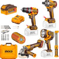 Ingco Conjunto Taladro + atornillador impacto + amoladora + 2 Lámparas COSLI250692E