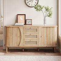 Buffet 140x40x76 cm, 3 tiroirs en rotin tressé, portes coulissantes, étagères réglables, commode pour salon et chambre - Naturel
