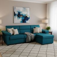 Dmora - Sofá cama con península Priverno, Sofá esquinero convertible para salón, acolchado, desenfundable, 100% Made in Italy, 285x160 h100 cm, Azul claro