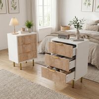 Set 2 comodini 3 cassetti, comodini 40cm, cassettiere e madie, design rigato in legno e bianco, mobile contenitore per camera, soggiorno e ingresso, stile scandinavo(Rovere Chiaro, 3 Cassetti)