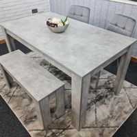 Dining Table and 2 Chairs With Bench Stone Grey Effect Wood Table 2 Grey Velvet Chairs Dining Room