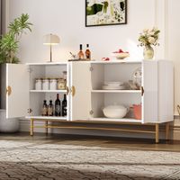 Credenza in MDF e truciolare bianca 160x40x82 cm, 4 ante, maniglie integrate oro spazzolato