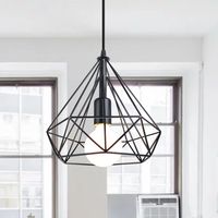 Vintage Pendant Light, Industrial Metal Hanging Ceiling Lamp, Retro Chandelier with Ø25cm Diamond Cage Lampshade for Kitchen Island Restaurant (Black)