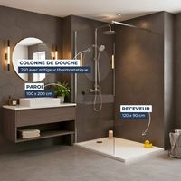 Dusch-Komplettset – Walk-In Duschwand 100x200 Chrom + SAT Duschsäule 3 Strahlarten + Gussmarmor-Duschwanne Weiß 120x90 (SAT100C7