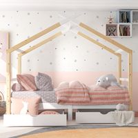 Liberté – Lit cabane en bois massif pour enfants 90x200cm – Avec tiroirs de rangement – Blanc et bois – Conception sécurisée et esthétique