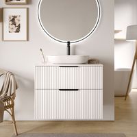 BERNSTEIN - Mueble lavabo suspendido MDF blanco mate estriado 80x46x62cm, encimera de lavabo negro mate + tirador negro mate - TIM80 Negro mate, Negro mate, Perfilado blanco mate