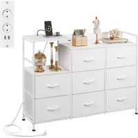 Irovami Commode 8 tiroirs – 2 prises + 2 USB, structure acier 15 mm, charge 68 kg – Blanc – Pour chambre, salon, entrée, chambre enfant