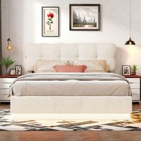 Lit coffre 140x190 cm - Lit double 140x190 cm - Lit 140x190 cm - Beige - Tissu velours - LED intégrée - Rangement hydraulique