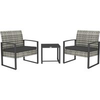 Salon de jardin 3 pièces 2 chaises avec coussins + table basse plateau verre trempé résine tressée gris clair