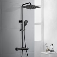 Görbach – Colonne de douche thermostatique noir mat – Tête pluie carrée 25x25 cm – Sécurité anti-brûlure 38°C – Barre réglable en acier inoxydable – Douchette 3 jets