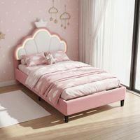 Letto singolo 90x200, illuminazione LED, letto per bambini, testiera regolabile a forma di corona, rivestimento in velluto, stile moderno principessa(90x200cm, bianco+rosa)