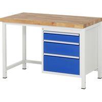 Werkbank Classic B1250xT700xH840mm Buche massiv grau blau 3 Gr.L Schubladen RAU