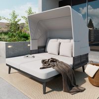 Salon de Jardin,Mobilier de jardin pour 2 personnes, transat de plage, transat soleil, auvent rétractable, cadre acier galvanisé, coussins 10 cm, corde tressée main, gris