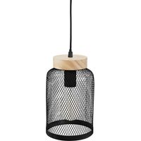 Atmosphera – Suspension en métal noir et bois de pin D 15 cm – Abat-jour ajouré pour diffusion optimale de la lumière – Compatible E27