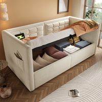 Sofá cama 90x200 cm con estación de carga USB y Tipo C estructura de cama de listones de madera terciopelo beige(Sin Colchón)