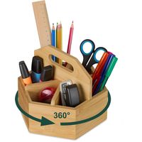 Relaxdays Bamboo Pen Holder, Rotating Desk Organiser, 15x17x19 cm, Pencil Pot, Stationery, Scissors & Brushes, Natural