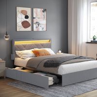 Vasagle – Lit double 140 x 190 cm – Tête de lit rembourrée ajustable – 4 tiroirs de rangement – Éclairage LED intégré – Structure en métal gris clair et noir mat
