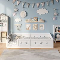 Cama individual 90x200 cm, cama Montessori, cama infantil, somier de láminas, estampado de estrellas y lunas, pino macizo, blanco