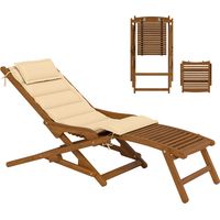 Tumbona Plegable en Madera con Reposapiés Desmontable y Cojín Confortable, Capacidad 160 kg, Medidas 158x61x70 cm, Beige